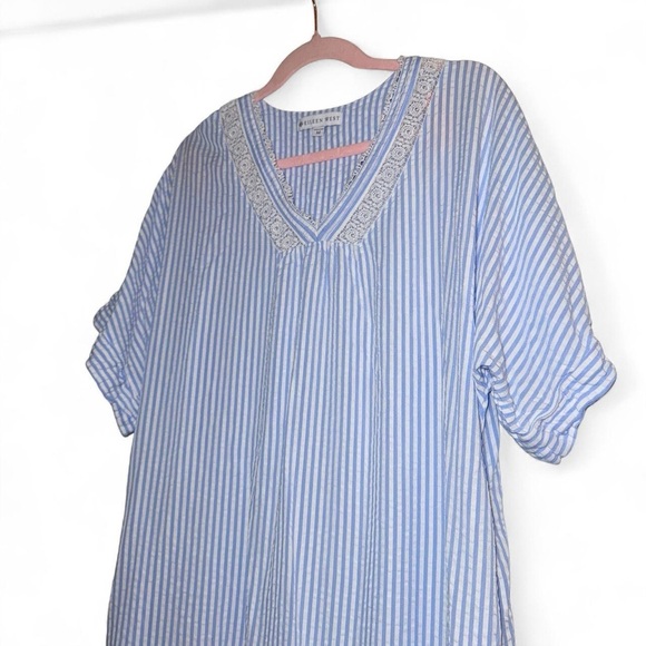 Eileen West Striped Seersucker Caftan Nightgown Blue White Pockets Size Medium - Picture 11 of 11